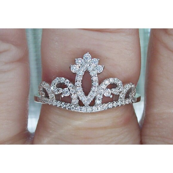 925 STERLING SILVER Princess Crown Cubic Zirconia Ring - Picture 10 of 14